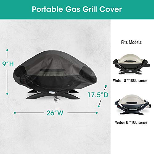 SunPatio Outdoor Grill Cover Compatible for Weber Q 100/1000 Series and Nexgrill Gas Grills, Heavy Duty Waterproof Barbecue Cover, Durable FadeStop Material, Compared to Weber 7110, Black