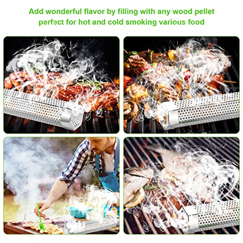 12'' Pellet Smoker Tube-304 Stainless Steel BBQ Smoker Tube with 1 Hooks and 2 Brushes for Cold/Hot Smoking 5 Hours of Billowing Smoke, for All grill or smoker