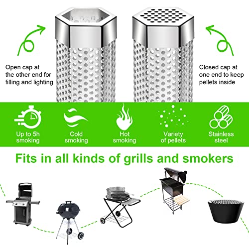 12'' Pellet Smoker Tube-304 Stainless Steel BBQ Smoker Tube with 1 Hooks and 2 Brushes for Cold/Hot Smoking 5 Hours of Billowing Smoke, for All grill or smoker