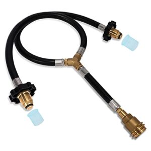 dual propane tank connection kit – two way pol & qcc y splitter hose to connects 5-100lbs propane tank suitable for rv, grill, heater, fire pit