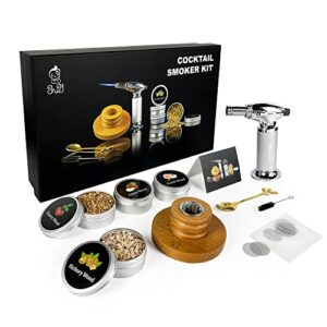 cocktail smoker kit with torch | good for whiskey and bourbon flavoring | 4 flavor wood chips (cherry, apple, hickory and peach) a true gift set | for men, dads & husband | (butane not included)