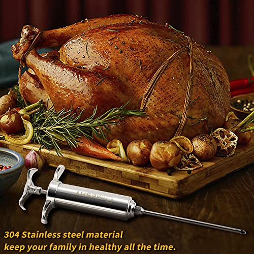 Heavy duty 304 Stainless Steel Meat Injector Kit with 2-oz Large Capacity Barrel with 3 commercial Marinade Needles