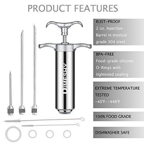 Heavy duty 304 Stainless Steel Meat Injector Kit with 2-oz Large Capacity Barrel with 3 commercial Marinade Needles