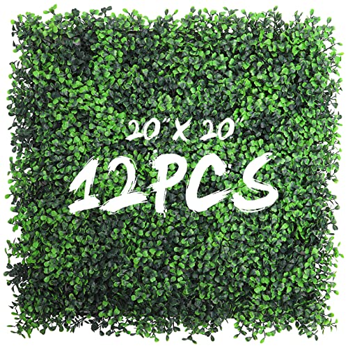 Dprodo 12PCS Artificial Boxwood Hedge Panels 20" x 20" Topiary Hedge Plant UV Protection Indoor Outdoor Privacy Screen for Home Party Decor Greenery Walls Garden Fence Backyard