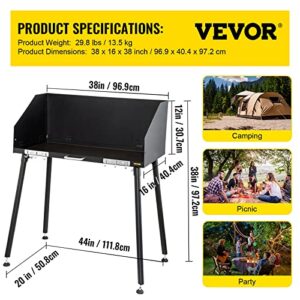 VEVOR Carbon Steel Camp Cooking Table 38 x 16 Inch with Three-Sided Windscreen and Legs for Outdoor Food Preparation and Dutch Oven