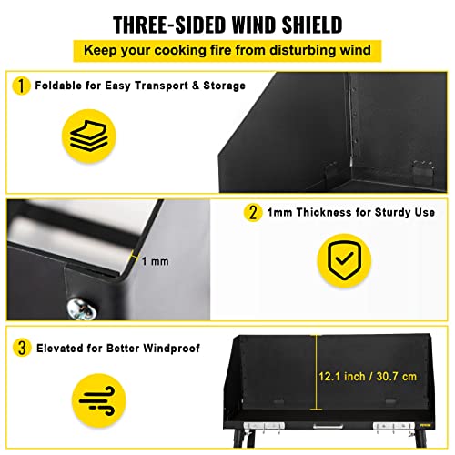 VEVOR Carbon Steel Camp Cooking Table 38 x 16 Inch with Three-Sided Windscreen and Legs for Outdoor Food Preparation and Dutch Oven