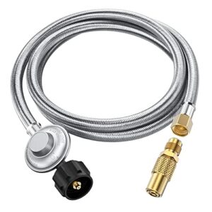 patiogem 6ft propane hose with regulator low pressure, fit for weber grill most lp gas stove grill, patio heater, fire pit, 3/8 female flare nut, with adapter for blackstone 17″ 22″ 28” 36” griddle