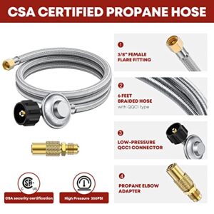 PatioGem 6FT Propane Hose with Regulator Low Pressure, Fit for Weber Grill Most LP Gas Stove Grill, Patio Heater, Fire Pit, 3/8 Female Flare Nut, with Adapter for Blackstone 17" 22" 28'' 36'' Griddle