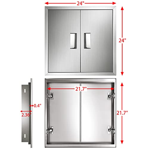 HIOSTAO Double Door Outdoor Kitchen Doors,24W x 24H Inch BBQ Access Door Stainless Steel,Built-in Handle,Thickened Plate Hydraulic Buffering Hinge Vertical for BBQ Island, Grilling Station