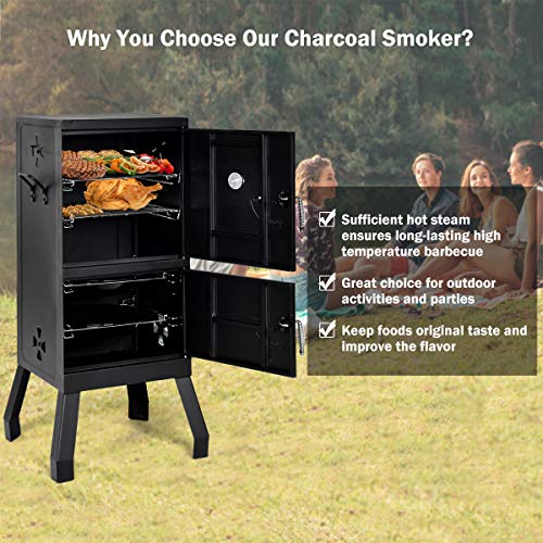 Giantex Outdoor Smoker with Double Doors, 2 Detachable Grill Netting Smoking Racks, Charcoal Pan & Water Pan, 4 Air Vents, Thermometer, Vertical Charcoal Smoker for Barbecue Camping Backyard Grill