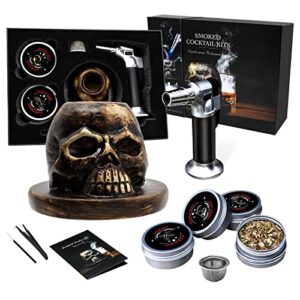 whiskey smoker kit, cocktail smoker kit with torch, 4 flavored wood chips for skull old fashioned smoker kit, bourbon whiskey drink smoked infuser gifts for father, husband, friends (no butane)