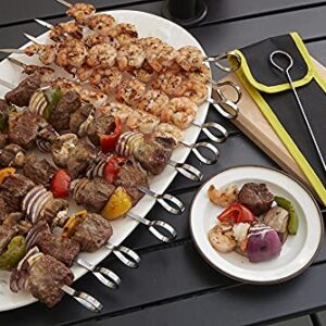 AP Plus Metal Kabob Skewers 12 Inch Long Stainless Steel Shish Grilling Sticks Wide Reusable Set for Meat Shrimp Chicken Vegetable, 12 Pack with Velcro Case