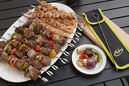 AP Plus Metal Kabob Skewers 12 Inch Long Stainless Steel Shish Grilling Sticks Wide Reusable Set for Meat Shrimp Chicken Vegetable, 12 Pack with Velcro Case