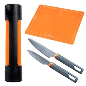 blackstone 5433 knife roll kit 1 silicone prep mat, integrated salt and pepper shaker, 1 large prep knife, 1 small prep knife, 1 containment tube, stainless steel, chef travel roll bag/case orange
