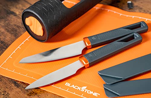 Blackstone 5433 Knife Roll Kit 1 Silicone Prep Mat, Integrated Salt and Pepper Shaker, 1 Large Prep Knife, 1 Small Prep Knife, 1 Containment Tube, Stainless Steel, Chef Travel Roll Bag/Case Orange