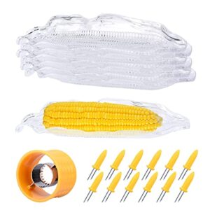 6 pack plastic corn trays transparent corn dishes with 12 pieces stainless steel corn holders on the cob skewers cob dinnerware and 1pc cob corn stripper, tray corn tableware set(size:19pcs/set)