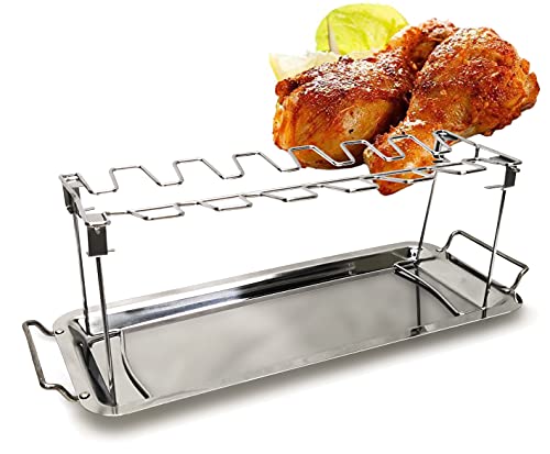 Stainless Steel Chicken Leg Wing Rack for Grill/Oven/Smoker, Multi-Purpose BBQ Roasted Chicken Rack, 14-Slot Chicken Leg Grill Rack with Drip Tray