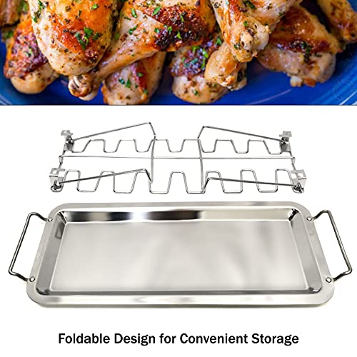 Stainless Steel Chicken Leg Wing Rack for Grill/Oven/Smoker, Multi-Purpose BBQ Roasted Chicken Rack, 14-Slot Chicken Leg Grill Rack with Drip Tray
