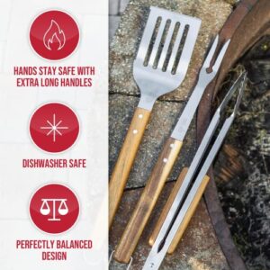 BBQ-AID 3 Piece Grill Set BBQ Accessories - Kitchen Tongs, Metal Spatula & Fork Utensils - Heavy Duty Stainless Steel Barbecue Grill Utensils for Outdoor Grill with Solid Sturdy Wood Handles