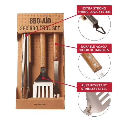 BBQ-AID 3 Piece Grill Set BBQ Accessories - Kitchen Tongs, Metal Spatula & Fork Utensils - Heavy Duty Stainless Steel Barbecue Grill Utensils for Outdoor Grill with Solid Sturdy Wood Handles