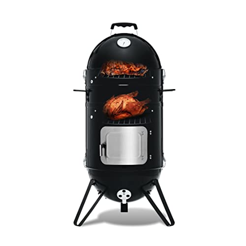 CUE WAY K-1 Vertical Charcoal Smoker Combo with Fish Hooks, 14-inch, Black