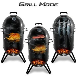 CUE WAY K-1 Vertical Charcoal Smoker Combo with Fish Hooks, 14-inch, Black