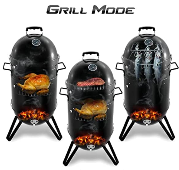 CUE WAY K-1 Vertical Charcoal Smoker Combo with Fish Hooks, 14-inch, Black