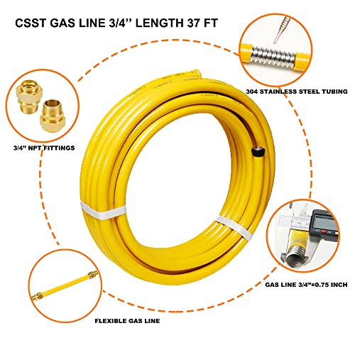 CSST Corrugated Stainless Steel Tubing 37 Ft 3/4" Flexible Natural Gas Line Pipe Propane Conversion Kit Grill Hose with Male Adapter Fittings