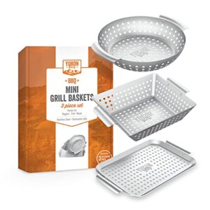 yukon glory grill basket 3-piece mini grilling basket set – stainless steel perforated grill baskets for grilling veggies seafood and meats includes grill pan – square basket and circular basket