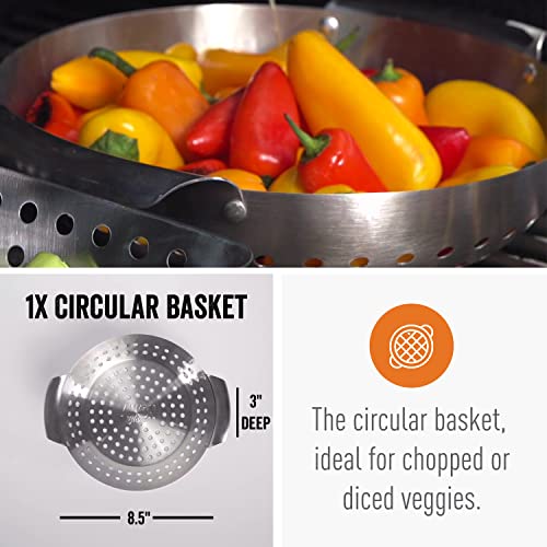 Yukon Glory Grill Basket 3-Piece Mini Grilling Basket Set - Stainless Steel Perforated Grill Baskets for Grilling Veggies Seafood and Meats Includes Grill Pan - Square Basket and Circular Basket