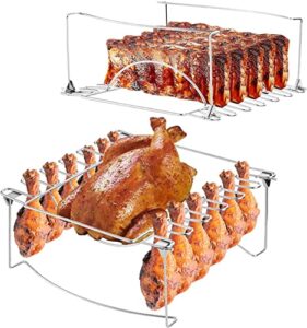 3-in-1 rib rack for smoking & chicken leg rack for grill – holds 6 large ribs, 12 chicken leg wing, 1 whole chicken – premium foldable space-saving chicken drumstick rib racks for grilling & smoking
