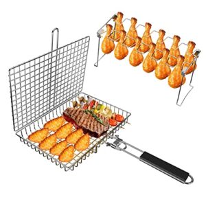 voxpoa grill accessories, grill basket and grill rack, portable folding stainless steel fish grilling basket with removable handle for vegetables steak, grill rack for smoker grill or oven