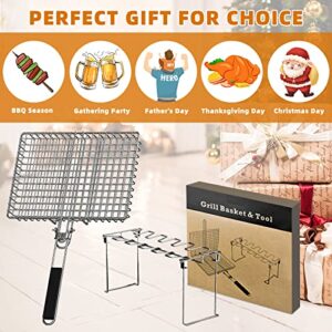 VOXPOA Grill Accessories, Grill Basket and Grill Rack, Portable Folding Stainless Steel Fish Grilling Basket with Removable Handle for Vegetables Steak, Grill Rack for Smoker Grill or Oven