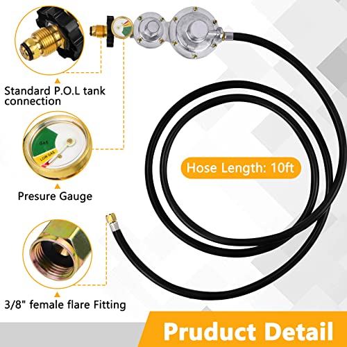 Azdele Upgraded Two Stage Propane Regulator with 10ft Hose and Gauge, Standard P.O.L Tank Connection, 3/8in Female Flare Fitting for Grill, Heaters, Fire Pit, Gas Generator/Stove/Range-CSA Certified
