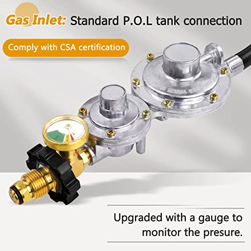 Azdele Upgraded Two Stage Propane Regulator with 10ft Hose and Gauge, Standard P.O.L Tank Connection, 3/8in Female Flare Fitting for Grill, Heaters, Fire Pit, Gas Generator/Stove/Range-CSA Certified