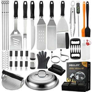 grilljoy 46pc griddle accessories set with robust plastic handle, all-in-one griddle tools kit for flat top grills teppanyaki hibachi, stainless steel grill spatula kit for outdoor camping grilling