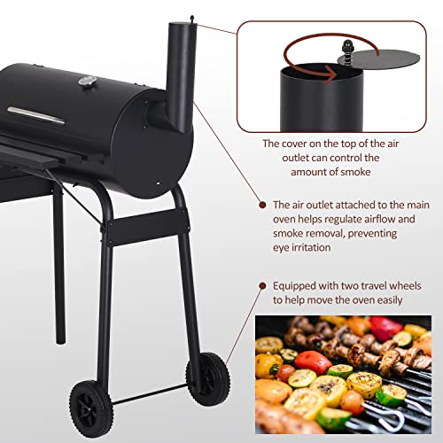 Charcoal Grills Outdoor BBQ Grill Offset Smoker with Wheels Side Fire Box Portable Barbecure Grill for Outdoor Cooking Backyard Camping Picnics,Black