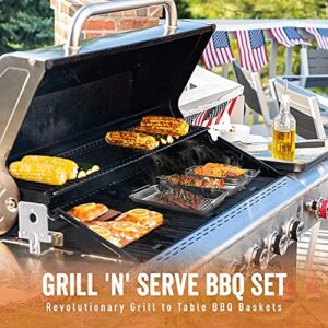 Yukon Glory BBQ 'N SERVE Grill Basket Set - Includes 3 Grilling Baskets a Serving Tray & Clip-on Handle - Patent Grill to Table Design Perfect For Grilling Fish Veggies & Meats