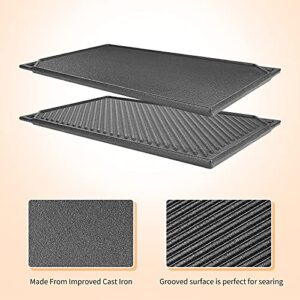 Hisencn Cast Iron Griddle, Nonstick Reversible Griddle for Gas Grill, Cast Iron Griddle Plate for Gas Stove Top, Oven, Outdoor Grill or Campfire (16.45'' x 9.45'')