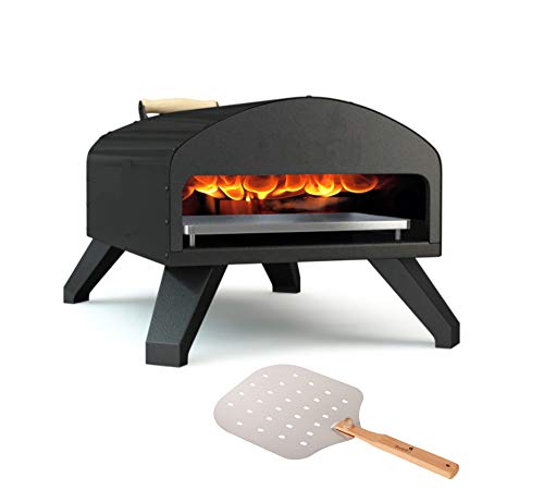 Bertello Outdoor Pizza Oven Black + Pizza Peel Combo. Outdoor Wood Fired Pizza Oven and Portable Pizza Oven