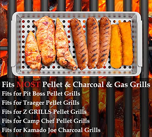KEESHA 3 Pack Grill Baskets Set - Includes 3 Grill baskets a Serving Plate & Clamp Handle - Perforated Grill Pans Fit for Pit Boss for Weber for Camp Chef for Traeger Pellet & Charcoal Grills & Smokers
