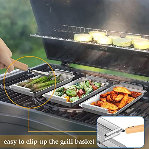 KEESHA 3 Pack Grill Baskets Set - Includes 3 Grill baskets a Serving Plate & Clamp Handle - Perforated Grill Pans Fit for Pit Boss for Weber for Camp Chef for Traeger Pellet & Charcoal Grills & Smokers