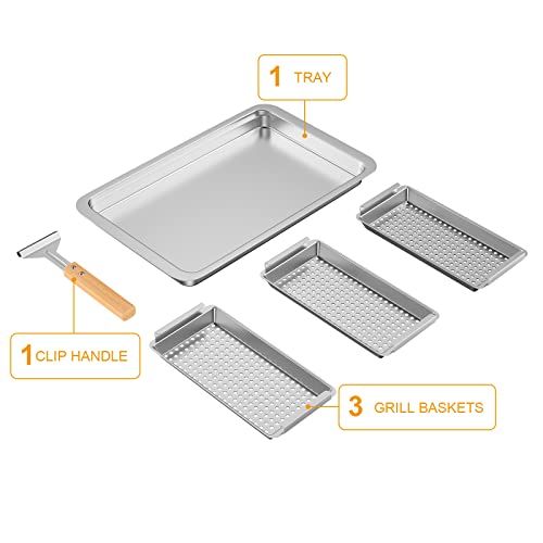 KEESHA 3 Pack Grill Baskets Set - Includes 3 Grill baskets a Serving Plate & Clamp Handle - Perforated Grill Pans Fit for Pit Boss for Weber for Camp Chef for Traeger Pellet & Charcoal Grills & Smokers