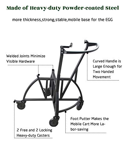 KAMaster Newly Grill Nest Rolling Cart with Handler + Foot Putter for Large Big Green Egg Stand with Heavy Duty Locking Caster Wheels Powder Coated Steel Rolling Nest Big Green Egg Smoker Accessories