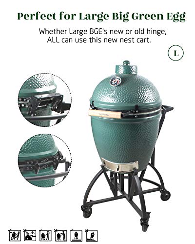 KAMaster Newly Grill Nest Rolling Cart with Handler + Foot Putter for Large Big Green Egg Stand with Heavy Duty Locking Caster Wheels Powder Coated Steel Rolling Nest Big Green Egg Smoker Accessories