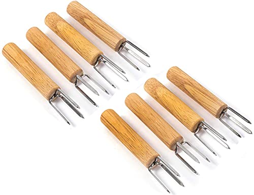 Corn Holders, Corn on the Cobb Holders Stainless Steel with Wooden Oak Handle, Corn on the Cob Holders for Kids and Adults Home Cooking and BBQ, Set of 8 (4 Inch Long Corn Holder)