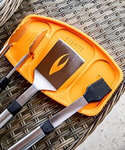 ignite silicone grilling trivet is a 100% nonslip silicone tool that holds tongs, spatula & basting brush preventing them from contamination on the grill’s surface and also keeps your grill clean.