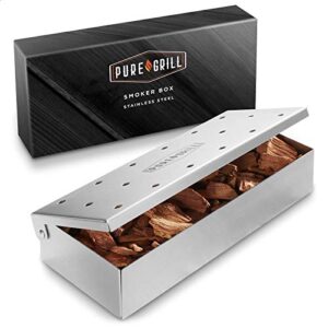 pure grill bbq smoker box – heavy duty stainless steel with hinged lid for wood chips – barbecue meat smoking for charcoal and gas grills