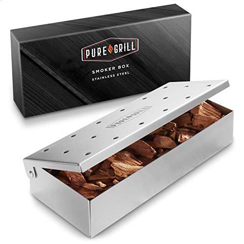 Pure Grill BBQ Smoker Box - Heavy Duty Stainless Steel with Hinged Lid for Wood Chips - Barbecue Meat Smoking for Charcoal and Gas Grills