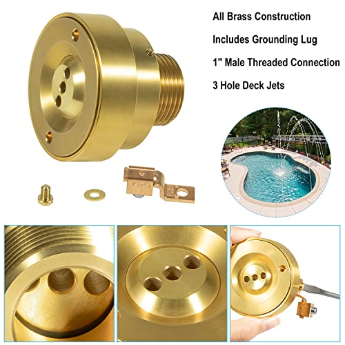 Hihitomorrow 3 Hole Pool Brass Deck Jet Nozzle with Ground Lug for Swimming Pool Spa Fountain Water Hole Pump, Triple Streams Jet Nozzle